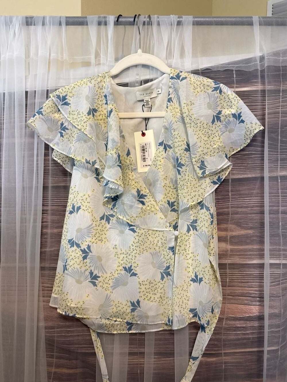 Ted Baker Gemmiaa Floral Print Ruffle Sleeve Wrap Top in Sky Blue